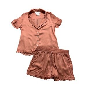 BHLDN Women's S Juniper Pajama Top Satin Pink Scalloped Hem Bohemian
